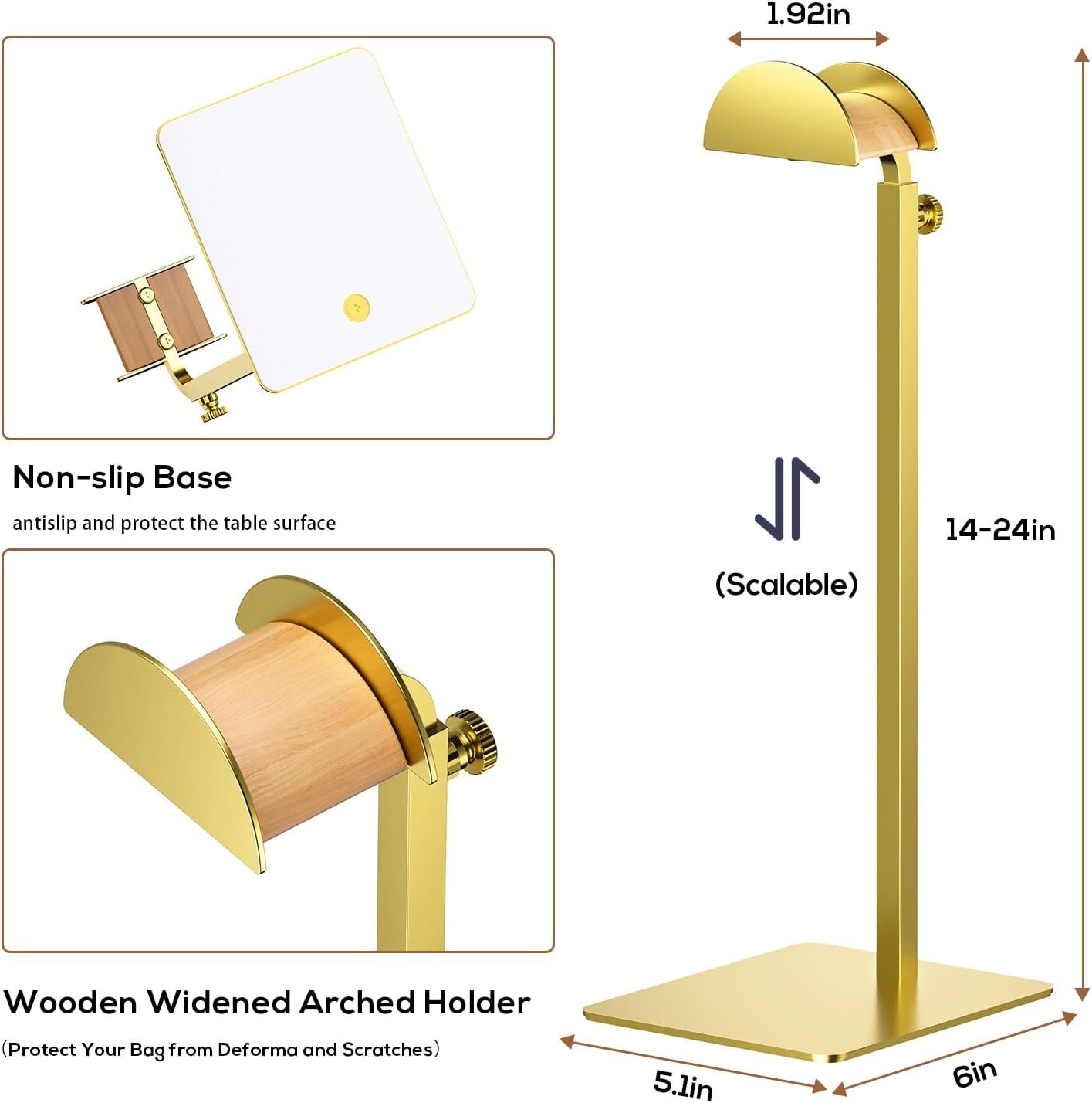 2 Pack Purse Display Stand, Purse Holder Handbag Display Stand Metallic Gold Purse Hanger Showing Bags, Purses, and Wreath, Adjustable Hook Stand for Tabletop, Closet, Desk, and Retail Use
