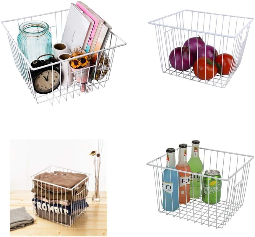 4 Pack Wire Storage Baskets for Organizing, Freezer Organizer Bins, Pantry Organization Bins Cabinets - Metal Basket Kitchen, Laundry, Fridge, Bathroom Countertop Organizer, Pearl White