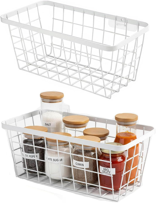 2 Set LeleCAT Hanging Wall Basket Organizer, Over the Cabinet Door Adhesive Wire Baskets for Organizing Kitchen Food Pantry Bathroom Shelf Storage No Drilling Wall Mounted,White