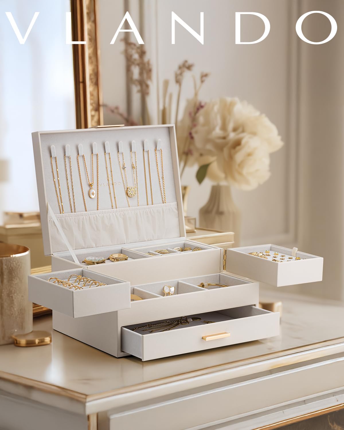 Vlando 3 Layer Jewelry Box - Women Jewelry Box with Retractable Tray - Jewelry Organizers with Drawer for Necklaces, Rings, Bracelets, Earrings, Gift for Couples Mom Girls - Could White