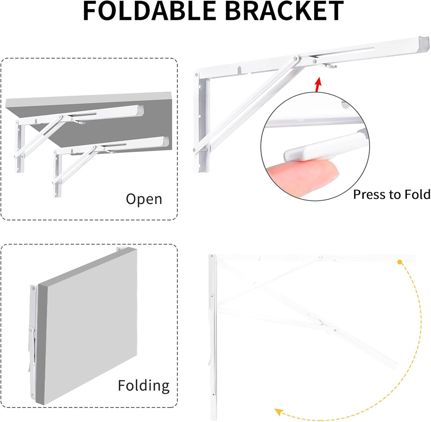 YUMORE 24 Inch Folding Shelf Brackets, Heavy Duty L Bracket, White DIY Collapsible Shelf Bracket for Workbench Folding Table Hinge, Max Load: 330lb, 2 Pack