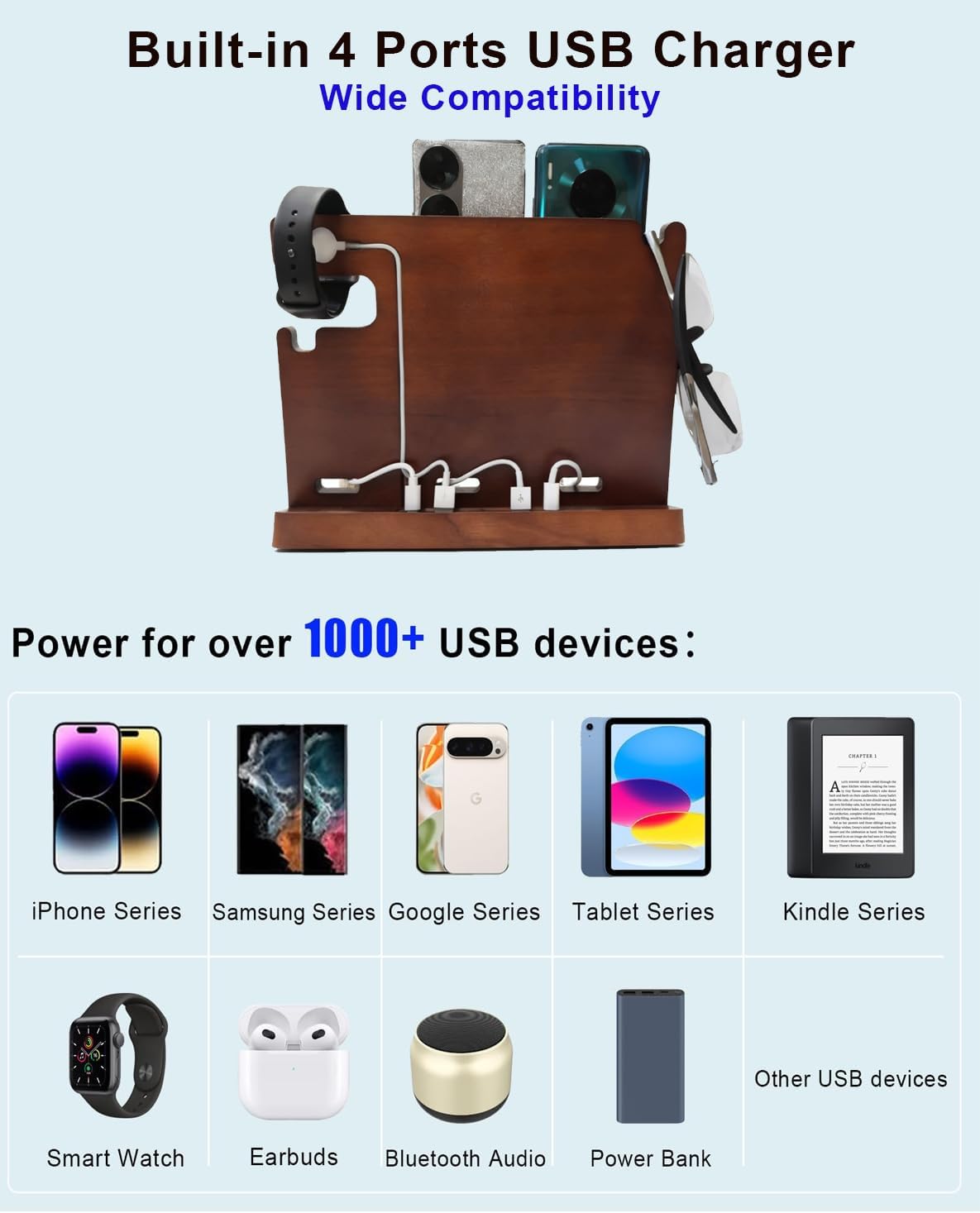 Wood Phone Docking Station for Men Nightstand Organizer Charger with 4 USB PD & QC3.0 Fast Charging Station for Multiple Devices iPhone Samsung Google Android Anniversary Birthday Gifts for Him