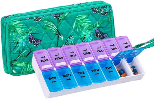 Weekly 7 Day Pill Organizer Case 2 Times a Day (AM/PM), Large Portable Pill Box 7 Day for Vitamin Medicine, Pill Case with Quilted Fabric Zipper Cute Bag for Travel or Daily