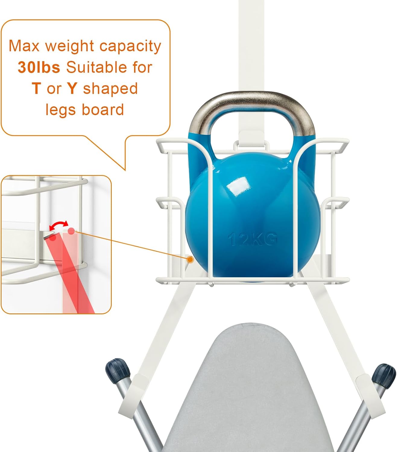 ORLESS Over The Door/Wall Mount Ironing Board Hanger, Laundry Room Iron and Ironing Board Caddy Storage Holder (White)