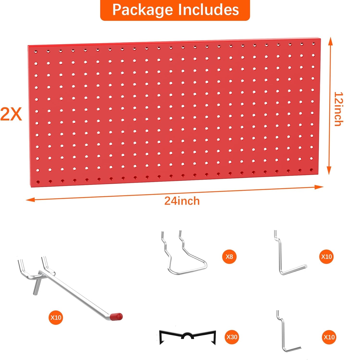 TORACK Metal Pegboard Wall Organizer 24" x 24" or 12" x 48", 70 PCS Tool Storage Pegboard for Garage Tool Organizer Board with Pegboard Hooks for Workbench(Red)