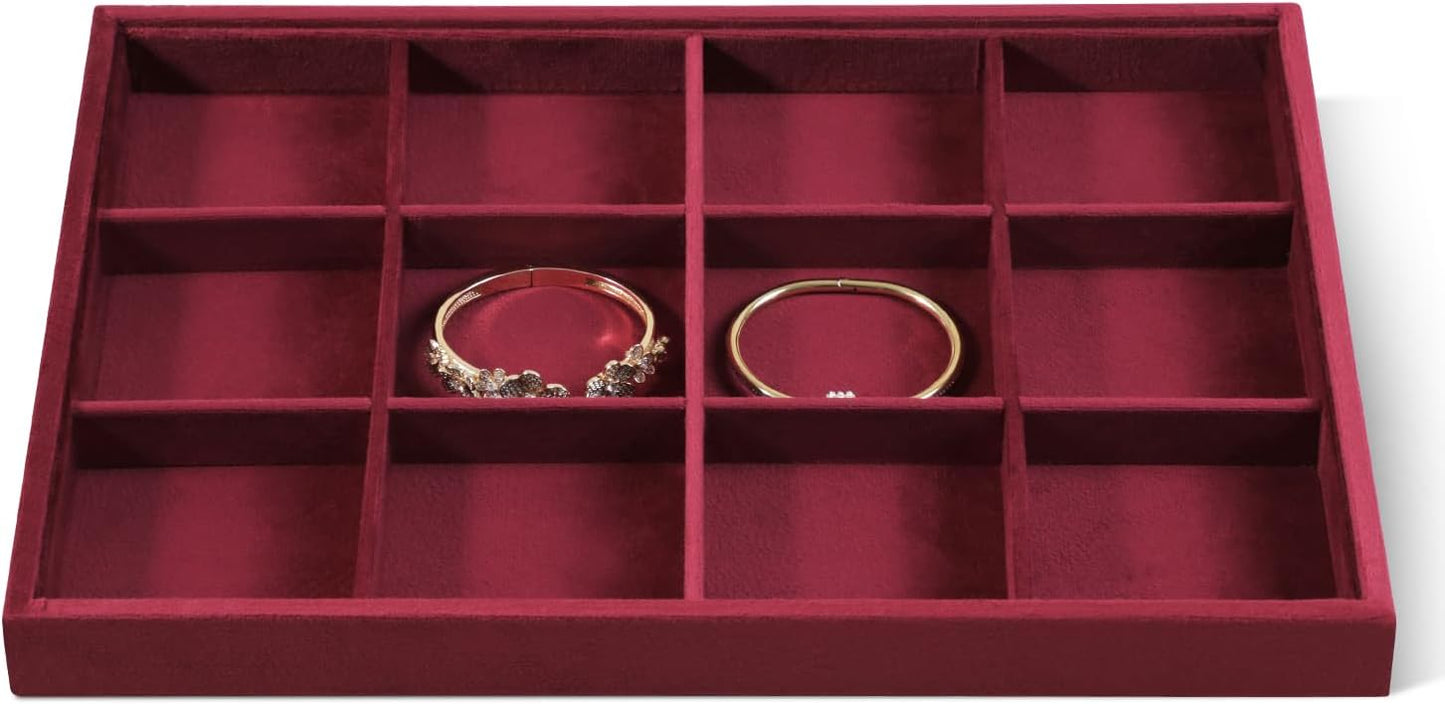 Velvet Stackable Jewelry Display Tray, 12 Grid Watch Bangle Bracelet Storage Tray, Makeup Drawer Insert Jewelry Shop Organizer Plate (Red)