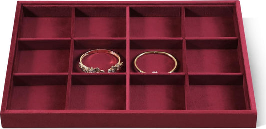 Velvet Stackable Jewelry Display Tray, 12 Grid Watch Bangle Bracelet Storage Tray, Makeup Drawer Insert Jewelry Shop Organizer Plate (Red)