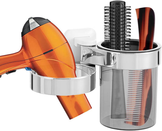 Hair Dryer Holder, Bathroom Blow Dryer Organizer with Storage Tray, Hair Care Tools Holder Wall Mount - Extra Large Rim (Silver+White, L 7.7”×W 4.1”×H 4.3”)