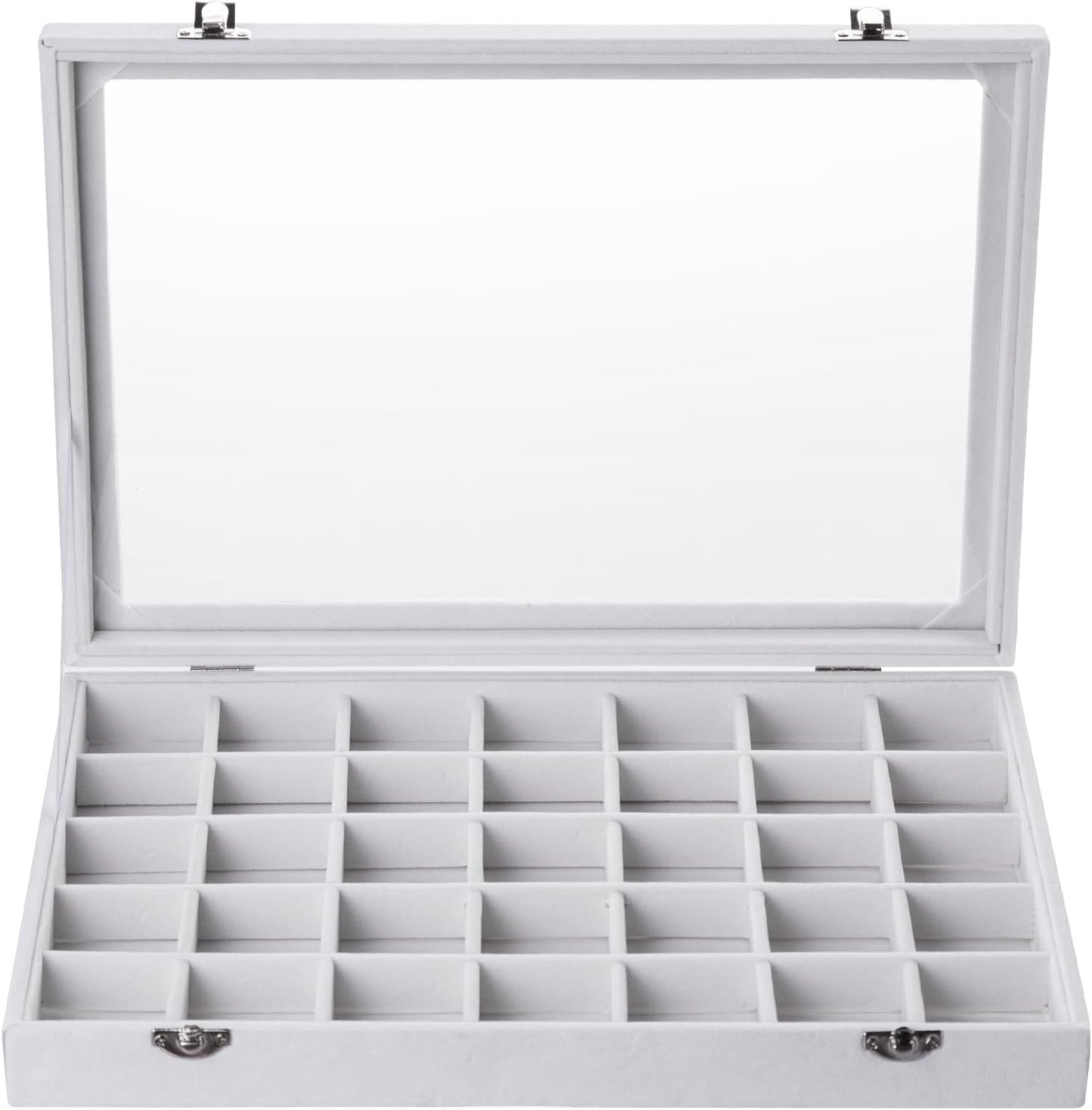 Frebeauty Velvet Jewelry Tray,35 Grid Jewelry Organizer with Clear Lid,Earring Holder Organizer Case with Clasp,Drawer Insert for Rings Studs,13.8 x 9.5 x 2 Inches,Gift for Women Girls(White)
