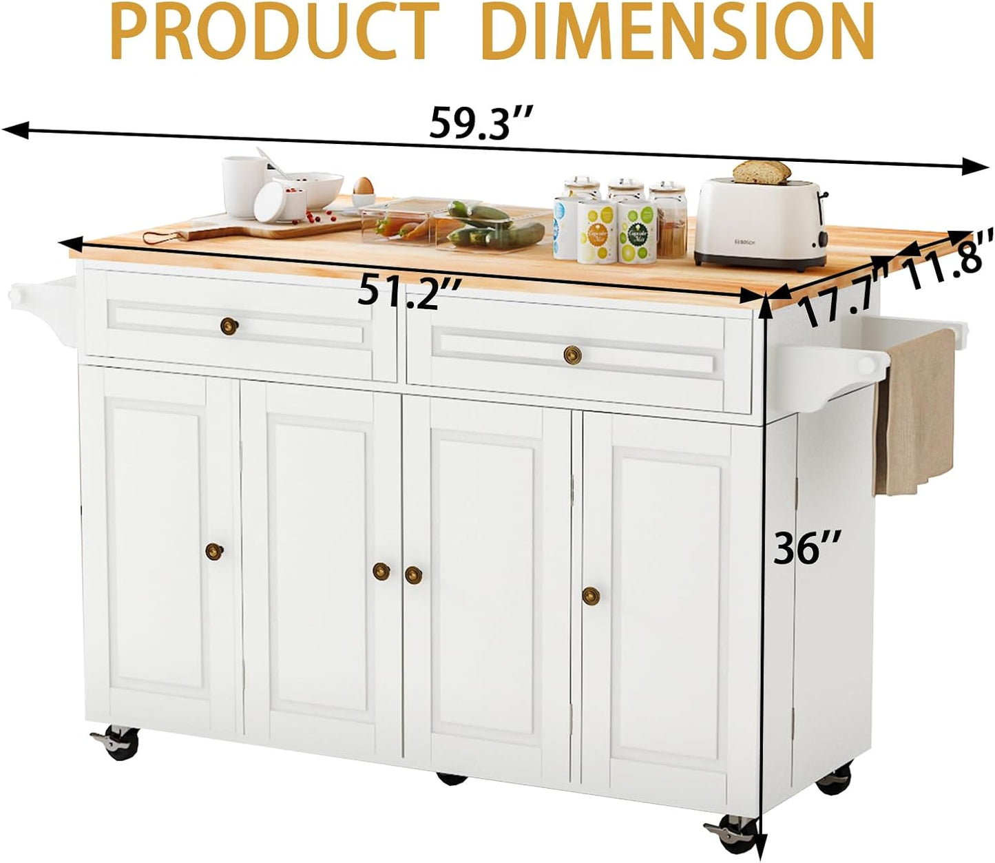 59’’ Rolling Kitchen Island Cart with Drop Leaf and Power Outlet, Movable Kitchen Islands with 3-Tier Door Storage Shelf, Island Table on Wheels, 2 Large Drawers, Towel Racks, White