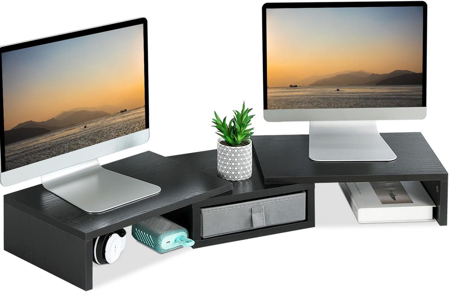 TEAMIX Dual Monitor Stand Riser with Drawer - Length and Angle Adjustable Double Monitor Riser Corner Desk Shelf Organizer 37 inch Long Monitor Riser for 2 Monitors/Laptop/PC/Screen/TV