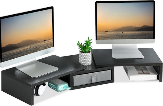 TEAMIX Dual Monitor Stand Riser with Drawer - Length and Angle Adjustable Double Monitor Riser Corner Desk Shelf Organizer 37 inch Long Monitor Riser for 2 Monitors/Laptop/PC/Screen/TV