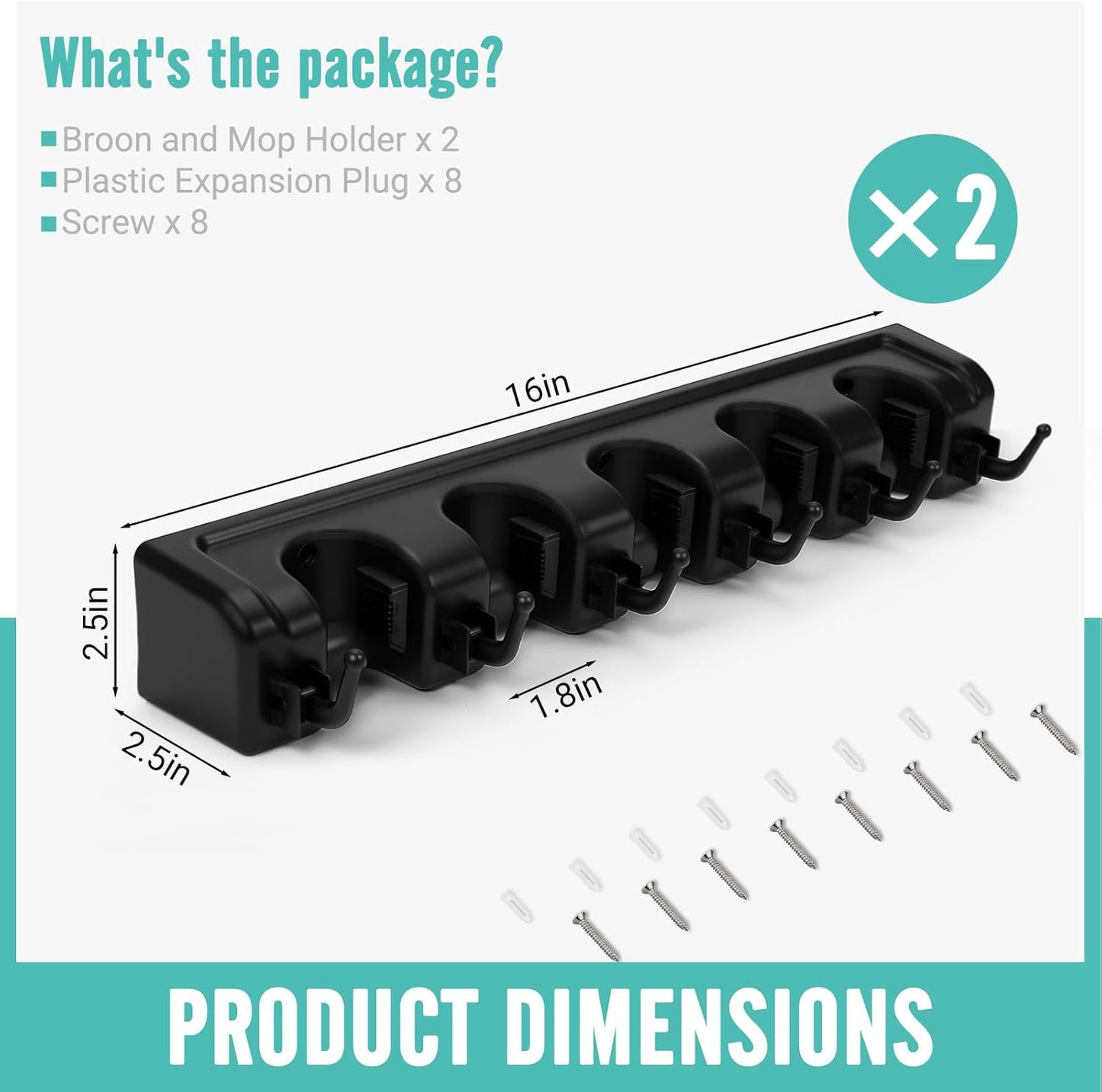 Broom and Mop Holder, Wall Mounted Organizer Mop and Broom Storage Tool Rack with 5 Ball Slots and 6 Hooks (2Pack)