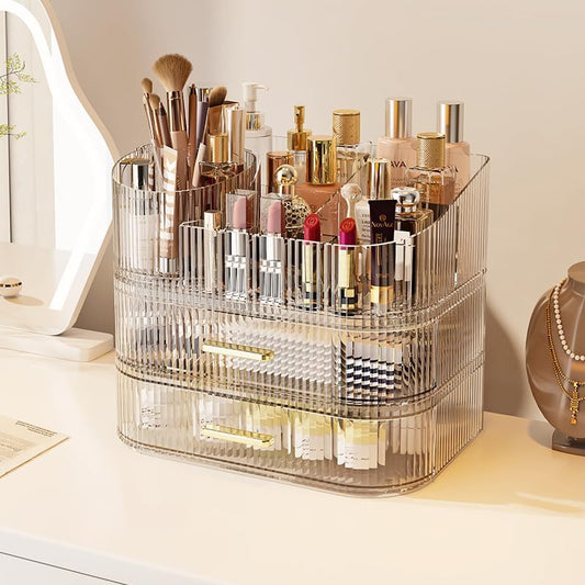 Makeup Organizer with Stackable Drawer, 360 Rotating Makeup Brush Holder, 11-inch Large Cosmetic Display Case, Skincare Organizers and Storage for Vanity, Bathroom Countertop (1 Tray + 2 Drawer)