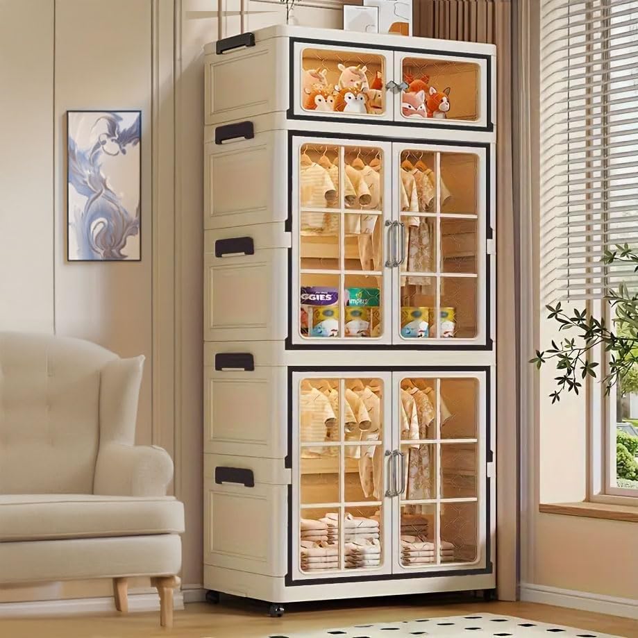 SunSettler Collapsible Plastic Storage Bins with Lid, Stackable Cabinets with Wheels, Folding Storage Cabinets, Stackable Closet Organizers for Home and Office Dorm Organizer Essential