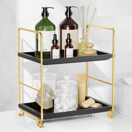 FSyueyun 2-Tier Bathroom Countertop Organizer, Tool-Less Installation Premium Plastics Makeup Shelf Organizer Perfume Skincare for Dresser Vanity Tray Organizers and Storage (Gold & Black)