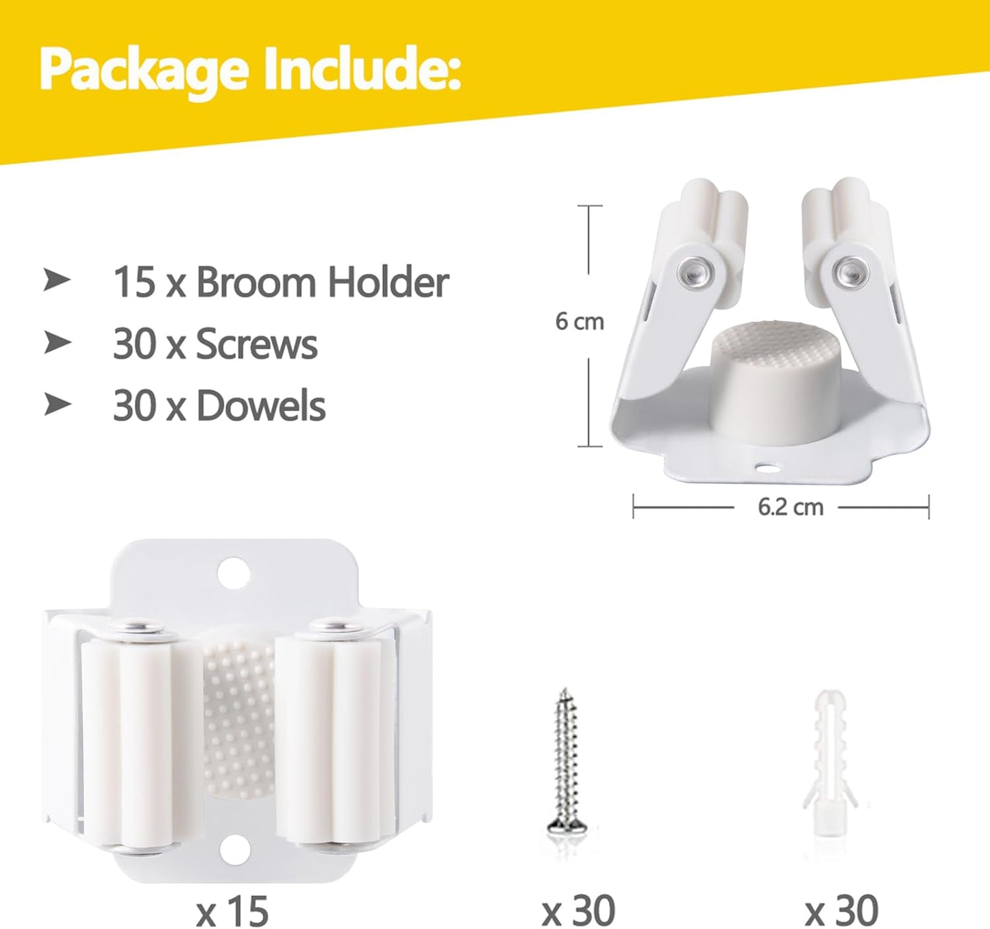 Verdenu 15 Pack Broom Holder Wall Mount, Mop and Broom Holder Wall Mount, Stainless Steel Command Mop Holder with Screws, Garden Tool Storage Organizer for Kitchen, Home, Bathroom, Garage, White