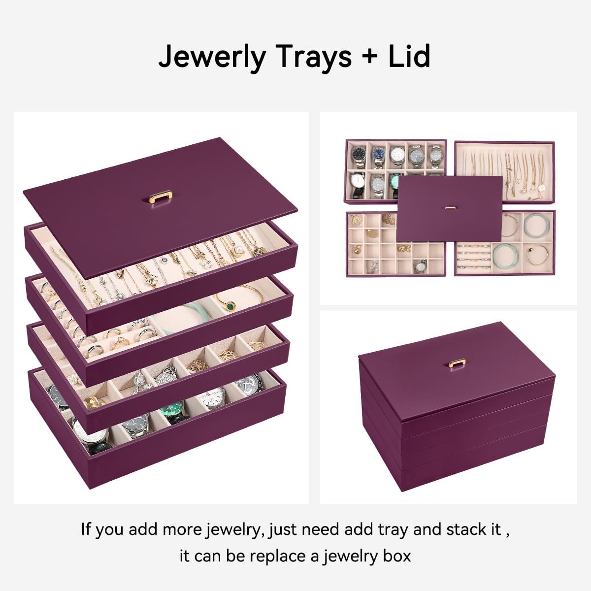 Voova Stackable Jewelry Organizer Tray with Lid, PU Leather Jewelry Storage Holder for Drawer Inserts, Jewellery Display Box Case for Earring Necklace Ring Watch Bracelet (Set of 4, Purple)