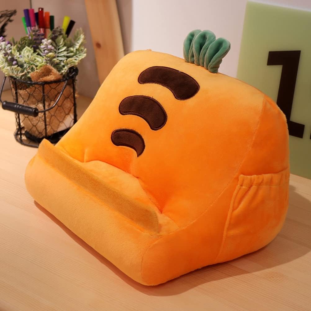 Dpofirs Pillow Tablet Stand, Soft Plush Tablet Holder with Storage Pockets for Kids, Compatible with pads Tablet Phone, Sturdy Fluffy Cushion for Home Travel School Birthday Christmas (orange)