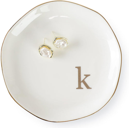 HOME SMILE Initials Ring Dish Jewery Tray with Personalized K-Monogrammed Engagement Wedding Gifts for Friends,Sister,Birthday Christmas Gifts for Women,Ceramic White