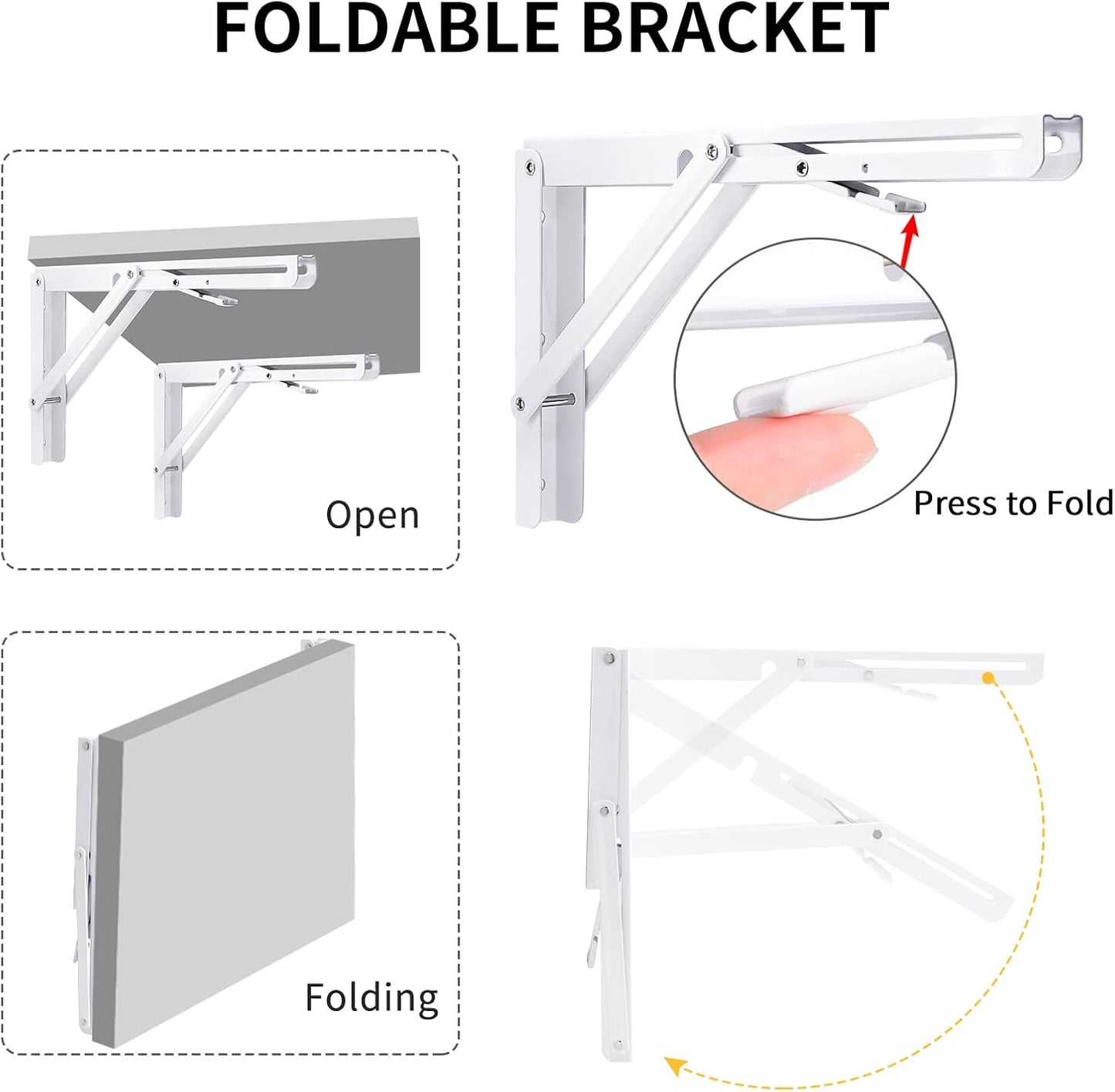 YUMORE Folding Shelf Bracket Heavy Duty, 12 Inch White Collapsible Shelf Bracket, DIY L Bracket for Workbench Folding Table Hinge, Max Load: 330lbs, 2 Pack