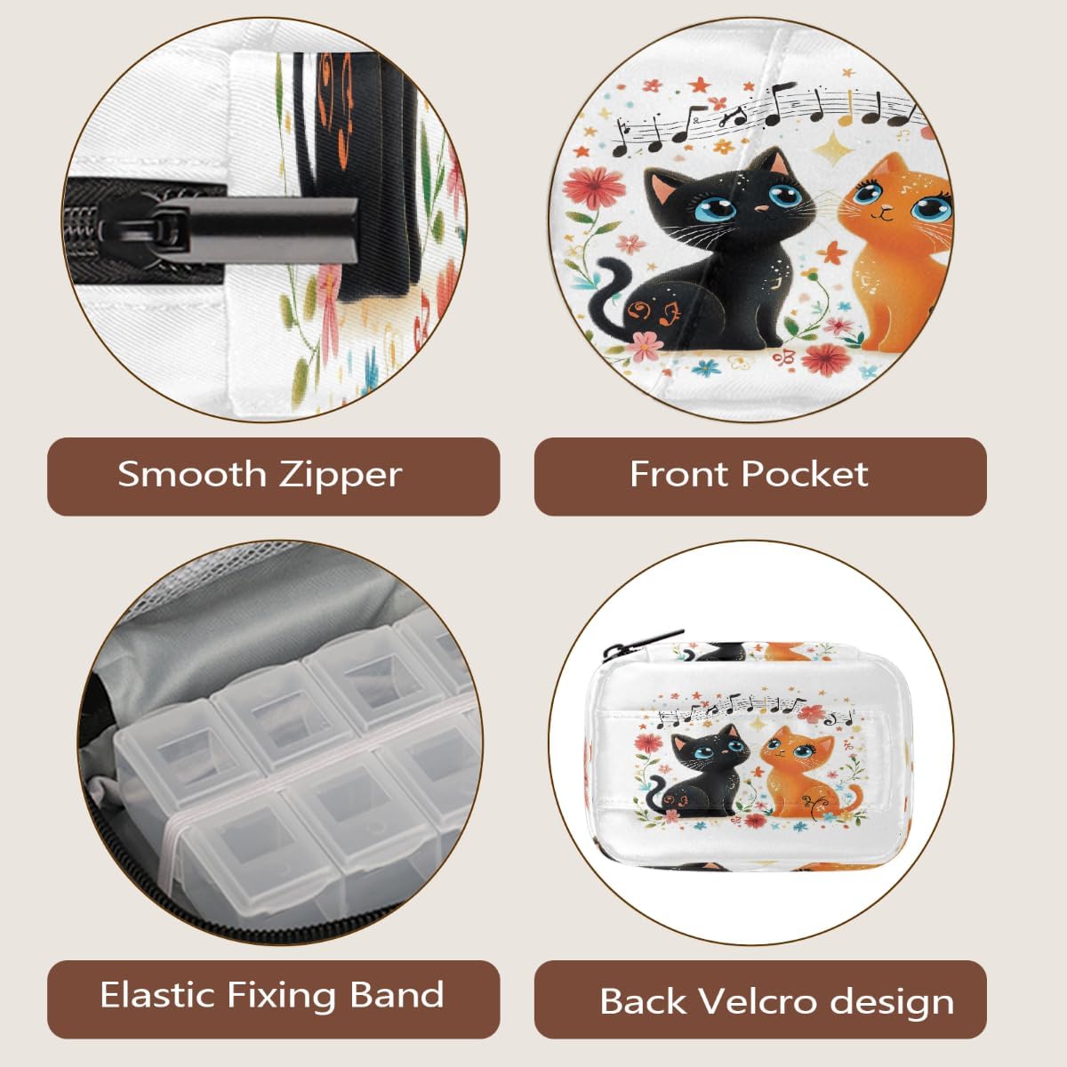 Vintage Music Note Cute Cat Pill Organizer Travel Medicine Case with Zipper Daily Vitamin Storage Bag Portable 8 Slot Weekly Pill Box Supplement Holder for Home Office Gym Travel