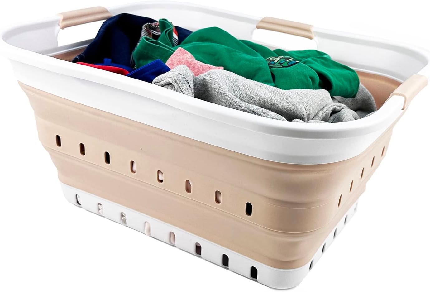 SAMMART 42L (11 gallon) Collapsible Plastic Laundry Basket - Foldable Pop Up Storage Container/Organizer - Space Saving Hamper/Basket (White/Beige)