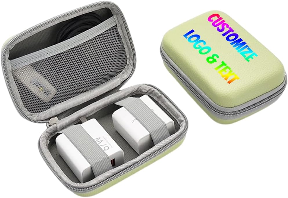 Custom Portable Protection Hard EVA Case – Personalized Logo/Text Travel Pouch for External Battery GPS, Hard Drive, USB Charging Cable – Universal Carrying Bag with Mesh Inner Pocket (Light Green)