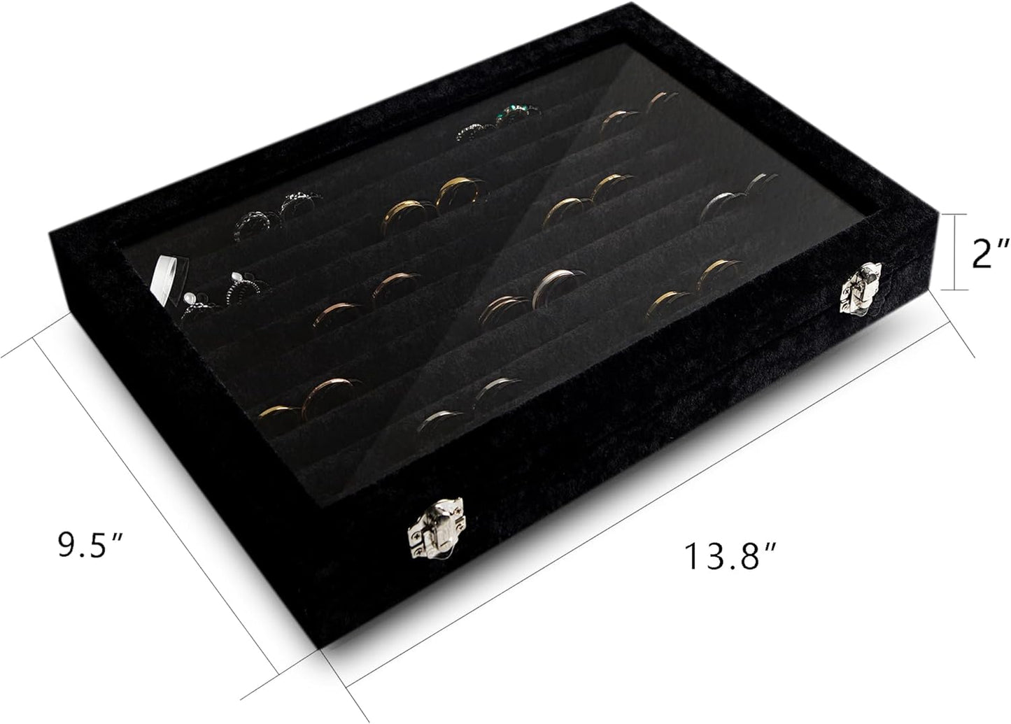 Frebeauty Rings/Earrings Organizer Tray with Clear Lid 10 Slots Velvet Drawer Insert Jewelry Storage box with Transparent Glass lid Jewelry Display Case Showcase Gift for Girls Women (Black, 10 Slots)