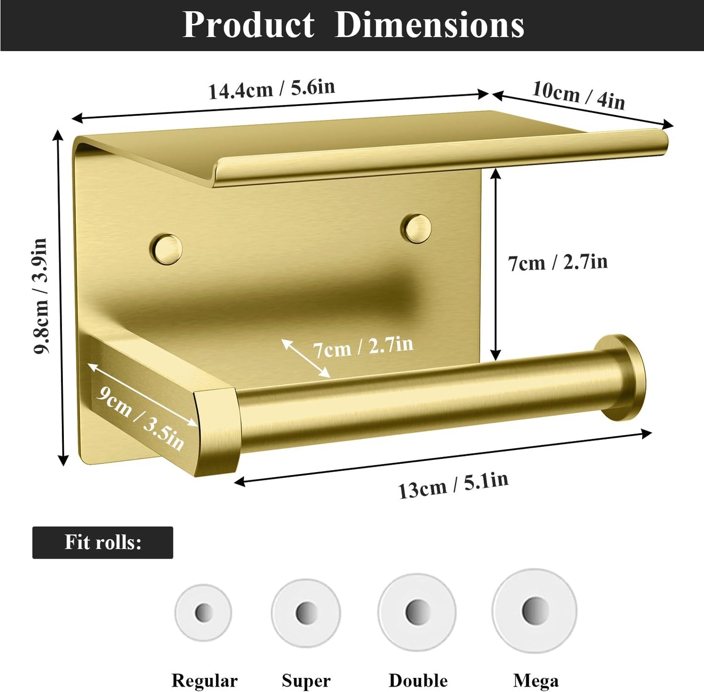 Tindbea Toilet Paper Holder with Phone Shelf, Adhesive or Screw Wall Mount Toilet Tissue Roll Holder, Rustproof & Multifunctional Stainless Steel Bathroom Storage Dispenser (Brushed Gold)