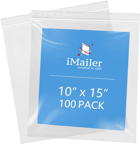 iMailer- 10" x 15" 100 Pack- 2 Mil Resealable Zip Bags- Clear Plastic Bags with Zip Top Lock for Storage, Organizing, Crafts, Travel