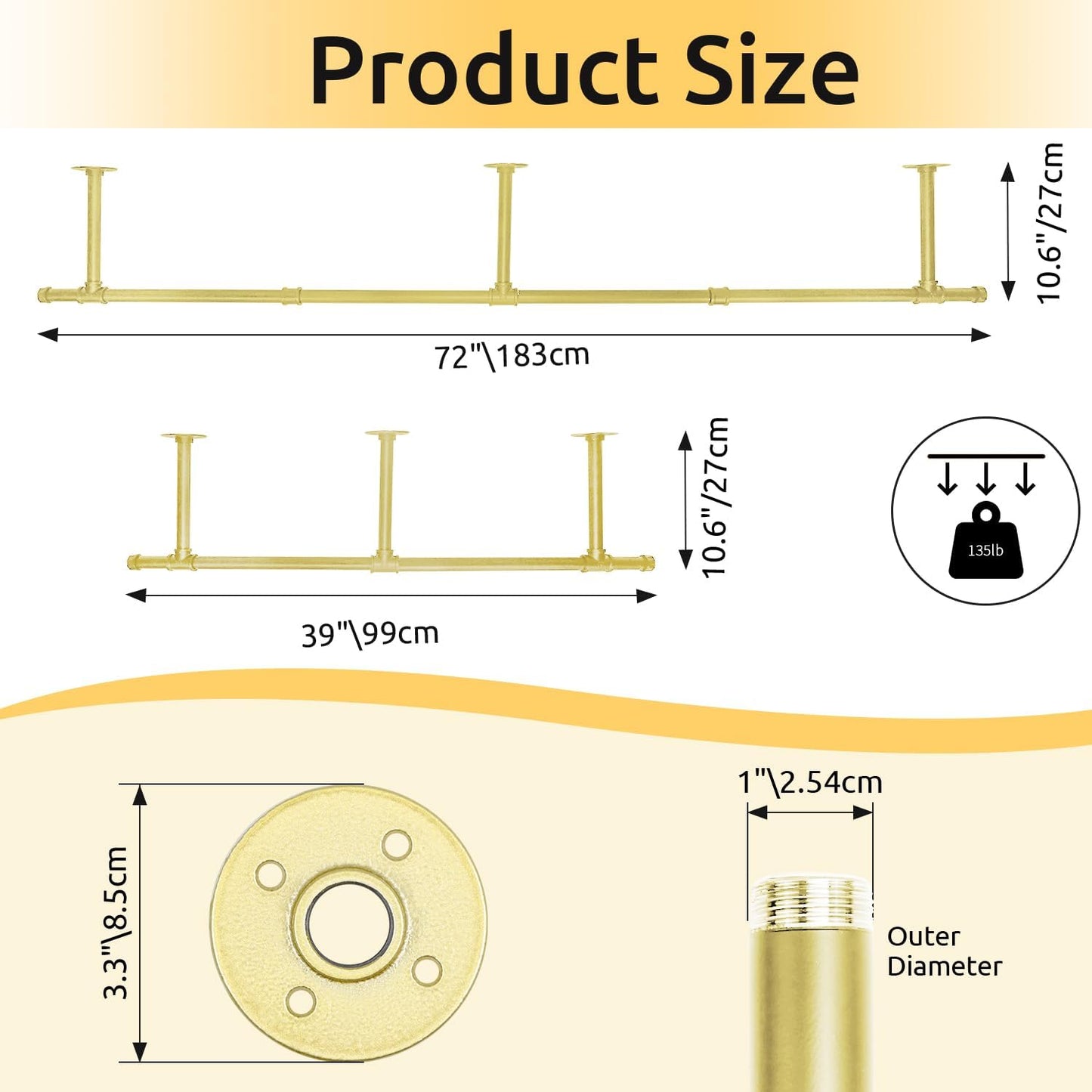72inch Industrial Pipe Clothes Garment Rack Ceiling Mount For Hanging Rod Bar for Laundry Room Up to Max Load 135Lb