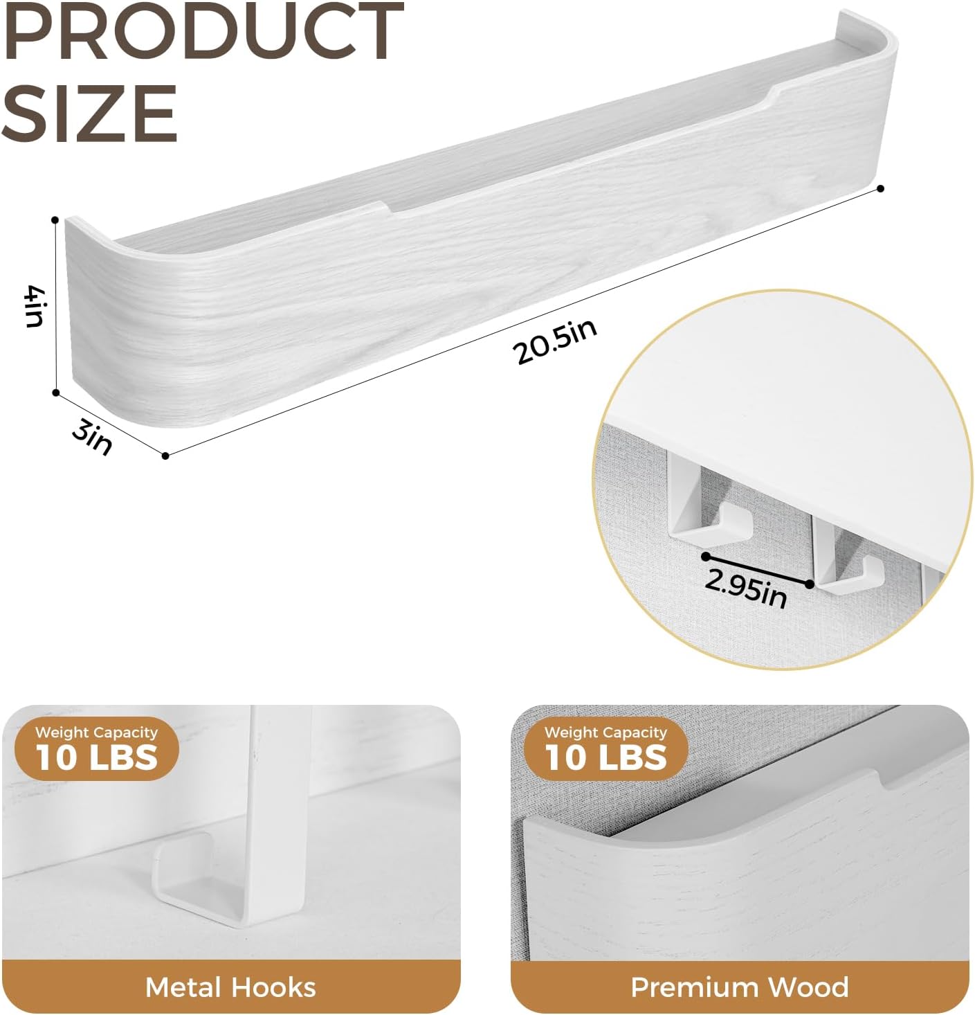 Wall Coat Rack Floating Shelves Modern Coat Rack Wall Mount with Storage Entryway Shelf Wooden Hanger 20 Inch 4 Hidden Metal Hooks for Living Room Bedroom (White, 5 Hooks)