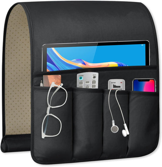 TV Remote Control Holder Couch Caddy, Non-slip Bedside Caddy Organizer with 5 Pockets for Key Glasses Phone Magazine Holders (Black, 35"x12.4")