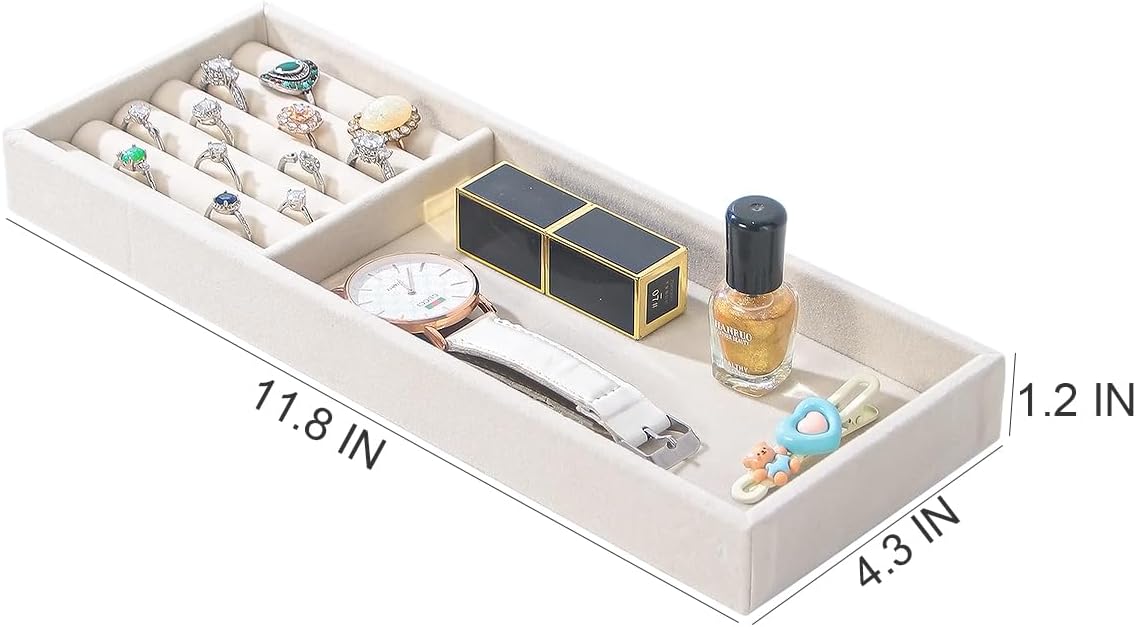 Divided Drawer Organizer Tray, Velvet Jewelry Storage Tray, Necklace Bracelet Ring Earring Display Tray,Bedside Nightstand Desk Holder Tray for Phone Watch Sunglasses Cosmetics Storage/Beige/2grid