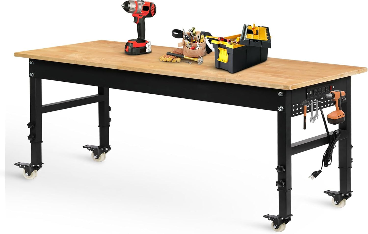 Betterhood 70" Adjustable Workbench on Wheels, 2000 LBS Heavy Duty Work Table with Power Outlets & Pegboard, Rubber Wood Workstation for Garage, Workshop, Office, Home, Commercial