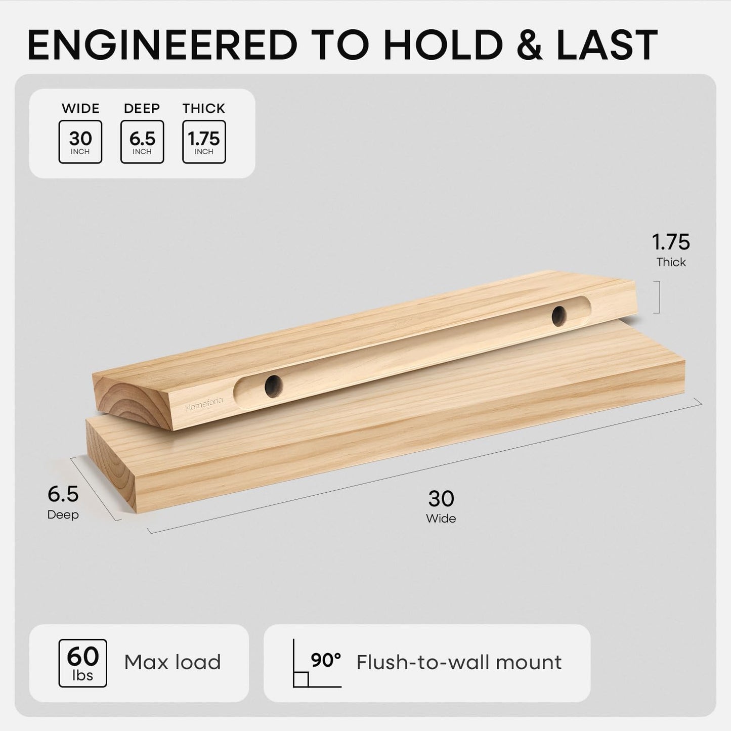 Homeforia 30 inch Natural Floating Shelf, High End Solid Real Wood 30inch Small Floating Shelves for Wall Mounted, Natural Wooden Floating Shelves, Heavy Duty Bracket, 30 X 6.5 X 1.75 in, Set of 4
