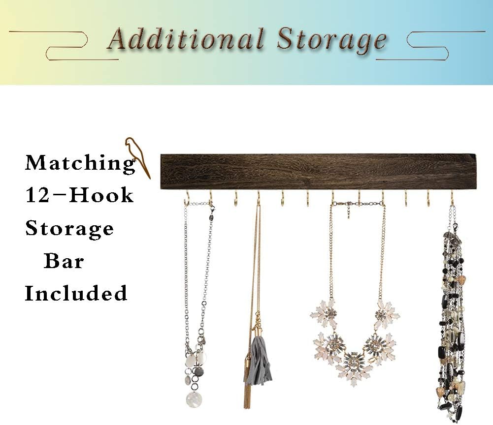 Rustic Wall Mounted Jewelry Organizer,Vintage Wooden Hanging Jewelry Holder Box with Barndoor Decor for Necklaces, Earings, Bracelets, Rings, Accessories. Includes Hook Organizer