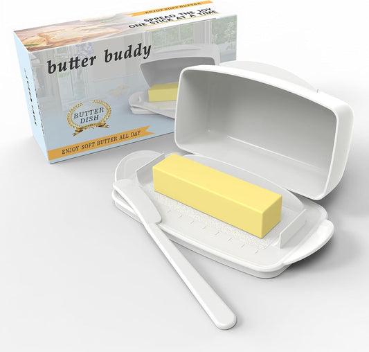 Butter Dishes with Lid for Countertop Refrigerator, Plastic Butter Dish Flip Top Lid Butter Container with Spreader, Non-Slip Bottom Butter Holder Keeper (White)