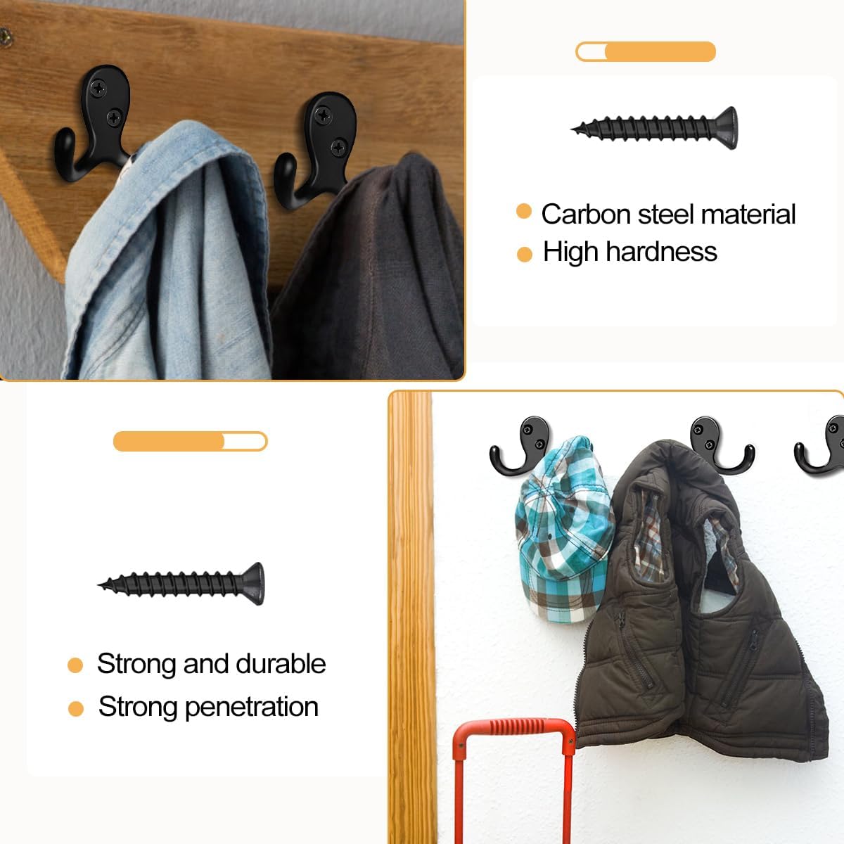 15 Pack Coat Hooks Wall Hooks for Hanging, Heavy Duty Double Prong Metal Hook Wall Mounted for Living Room, Bathroom, Kitchen, Bedroom for Coat, Bag, Scarf, Towel, Hat, Key, Cup (Black)