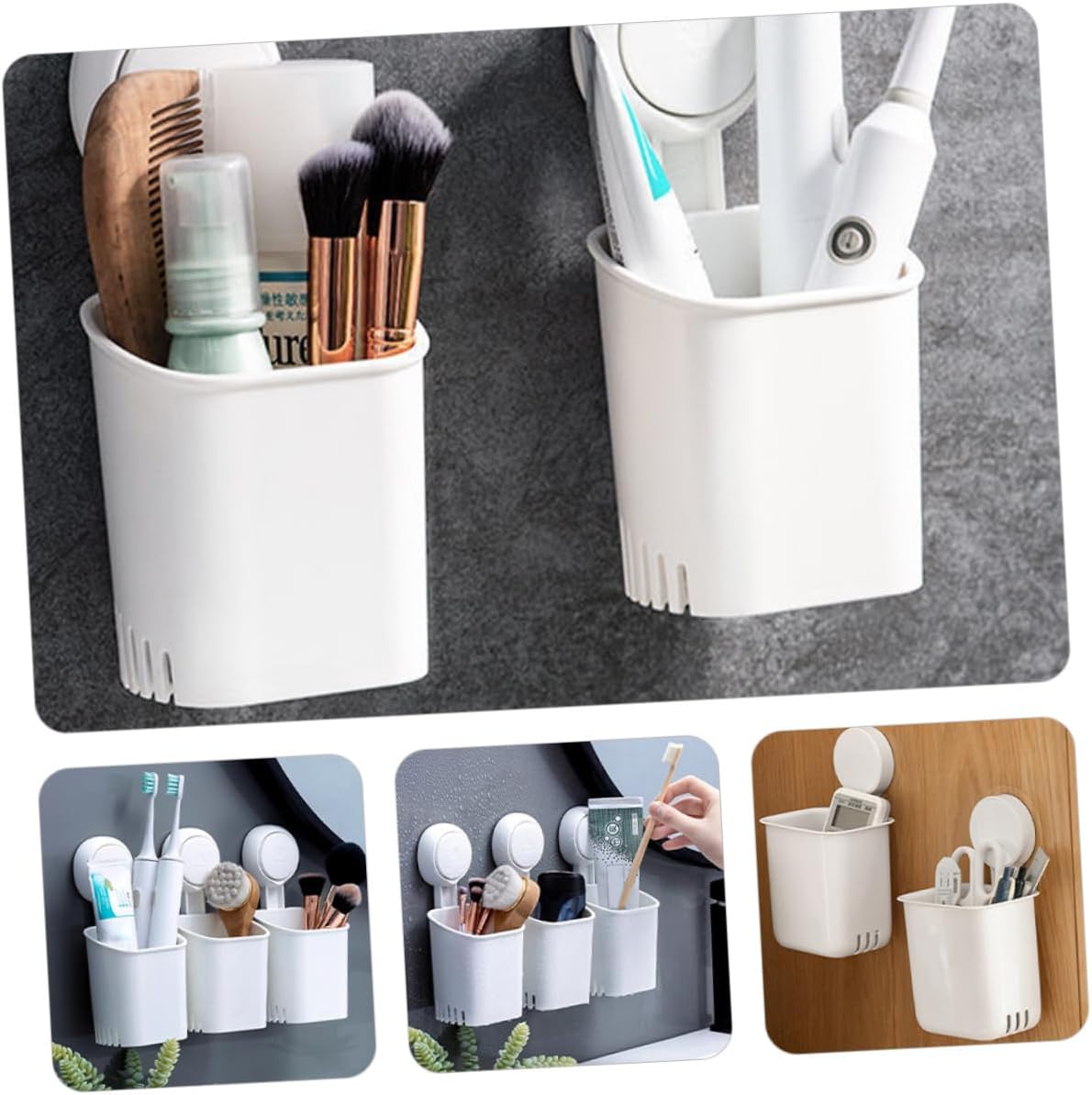 Strong Suction Toothbrush Holder Wall Mount No Drilling Bathroom Organizer with Ventilated Storage Shelf for Toothbrush Razor Makeup White