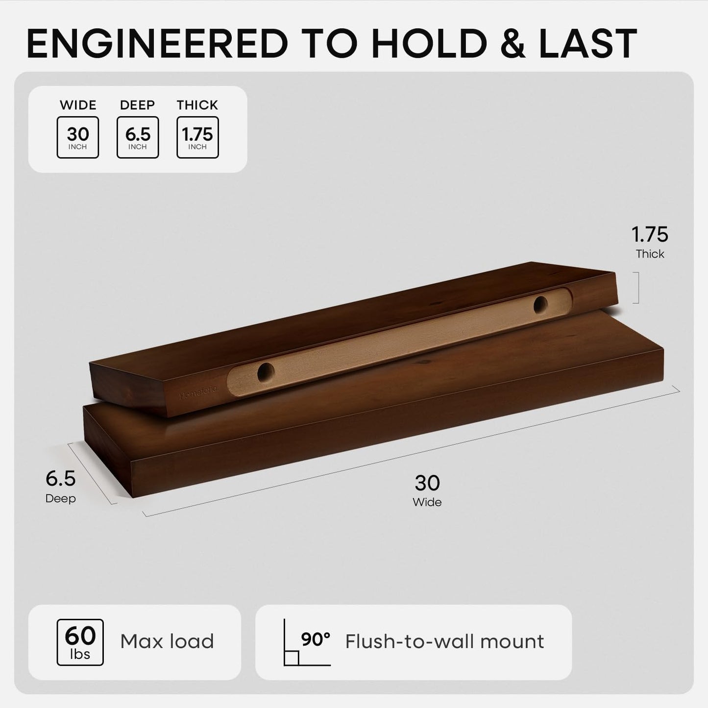 Homeforia 30inch Walnut Floating Shelves for Wall Mounted, High End Solid Real Wood 30 in Floating Shelf, Dark Brown Wooden 30 inch Long Floating Shelves, Heavy Duty Bracket, 30 X 6.5 X 1.75, Set of 2