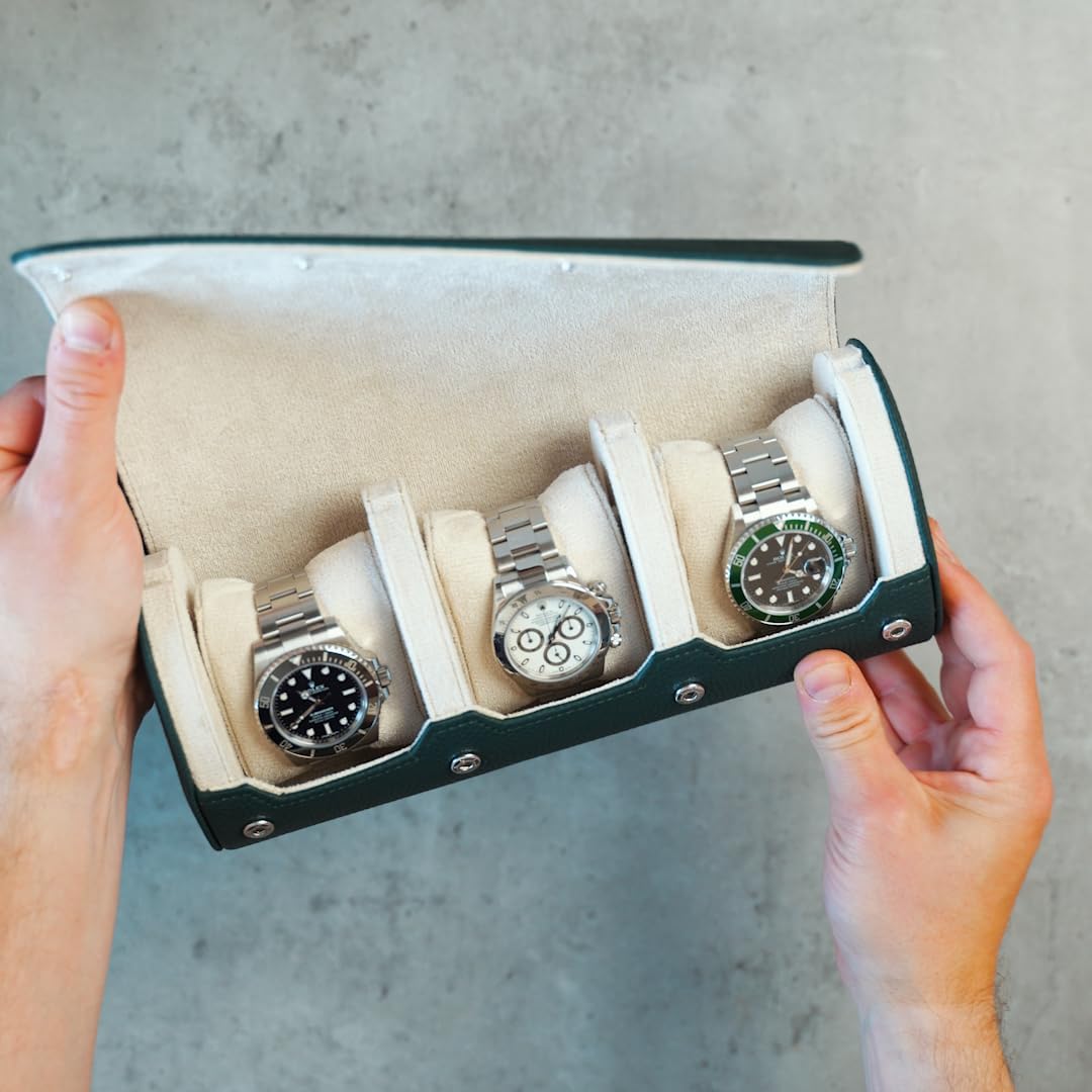 DailyWatch | Personalized Watch Roll Travel Case For 3 Watches - Handmade Genuine Leather Travel Case With Custom Engraving of Name or Initials - Dark Green Litchi