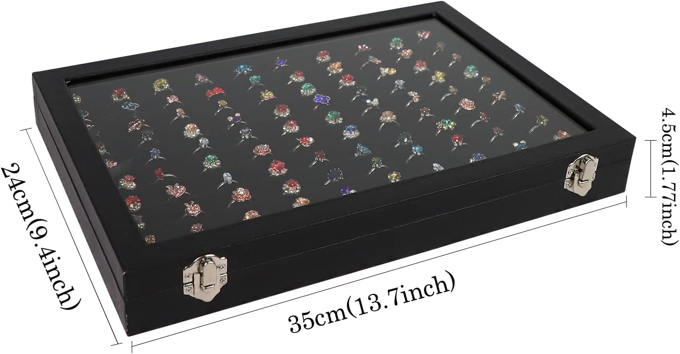 Wudygirl 100 Slot Ring Holder Display Case - Black Jewelry Organizer with Transparent Lid