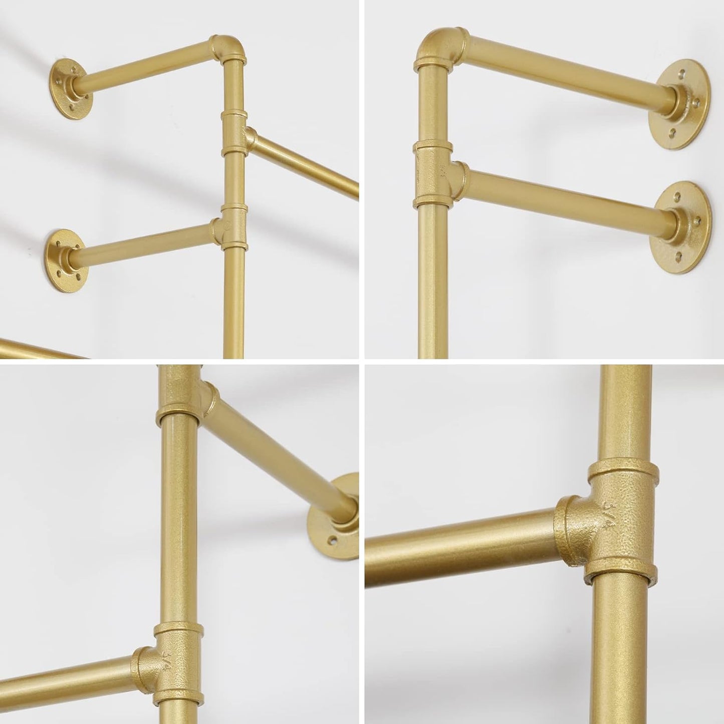 Modern Simple Industrial Pipe Double Hanging Rods Clothing Rack, Clothes Rack Wall Mounted Heavy Duty Hanging Clothes Rack, Detachable Garment Bar 93.7X84inch (Gold)