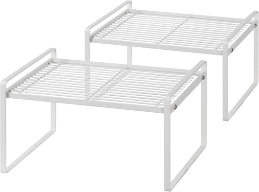 2Pack Kitchen Cabinet Shelf Counter Organizer Rack Pantry Storage Bathroom Bedroom Office Table Desk Space Saving Stackable Rust Resistant Non Slip White Wide L13.1in W10.6in H7.3in