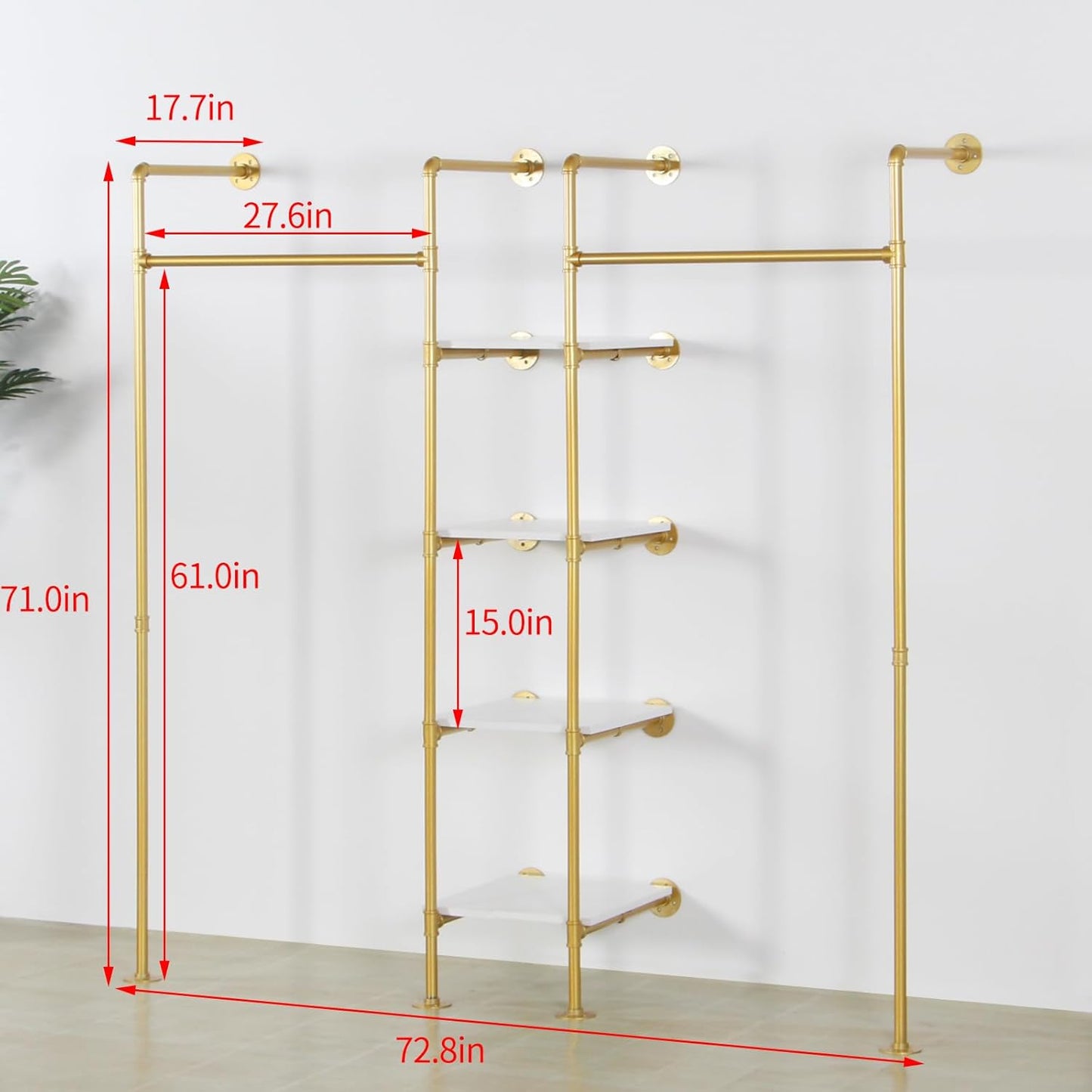Industrial Pipe Gold Clothing Rack with Shelves, Retail Display Wall Mounted Storage Clothes Hanging Shelf Gold Pipeline Hanging Rod Steampunk Style, 4 Tier Wood Garment Rack 72.8x71inch