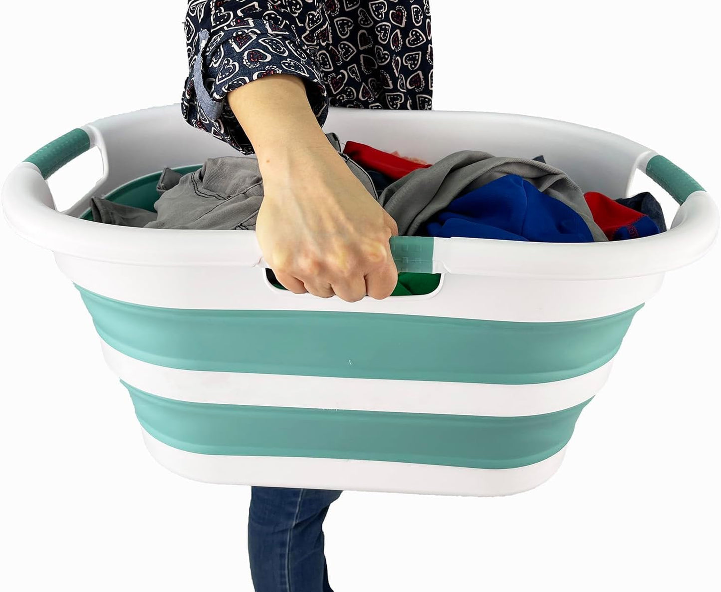 SAMMART 40L (10.5 gallon) Collapsible Plastic Laundry Basket - Space Saving Storage Container/Organizer - Portable Washing Tub - Foldable Pop Up Hamper/Basket (1, White/Celadon Green)