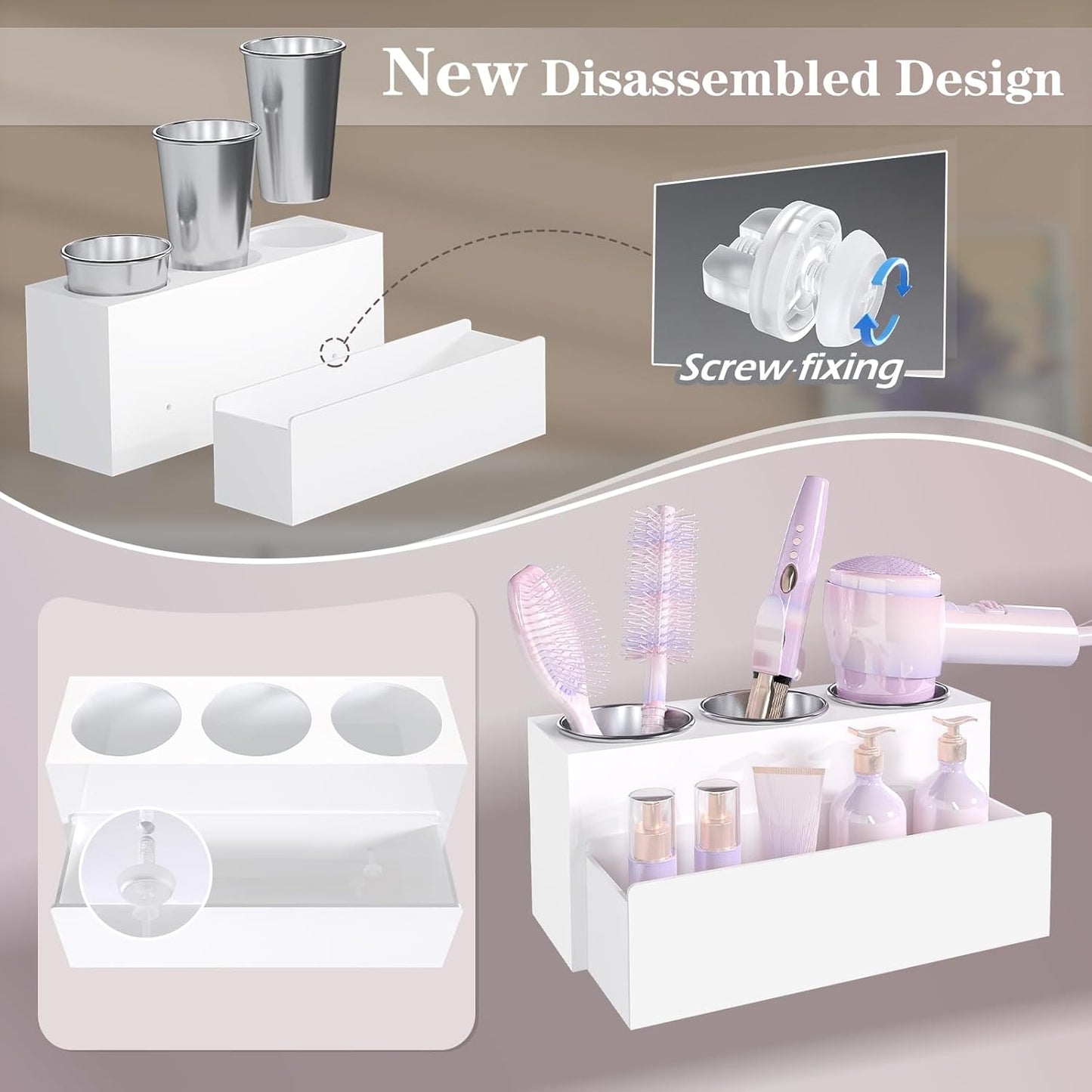Hair Tool Organizer, Detachable Acrylic Hair Dryer Holder for Bathroom, Hair Styling Accessories Curling Iron Hot Tools Organizer with 3 Cups, Countertop Vanity Storage (Matte White)