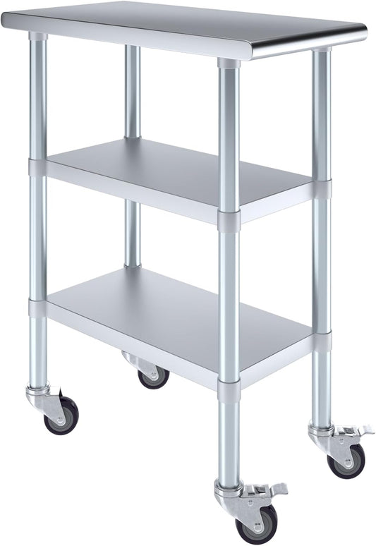 AmGood Stainless Steel Work Table with 2 Shelves and Casters | Metal Utility Table On Wheels (Stainless Steel Work Table with 2 Shelves + Casters, 15" Long x 30" Deep)